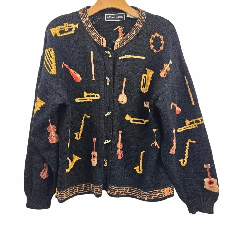 Christine Foley cardigan Women's Large Music Instrument Knit Black Cotton